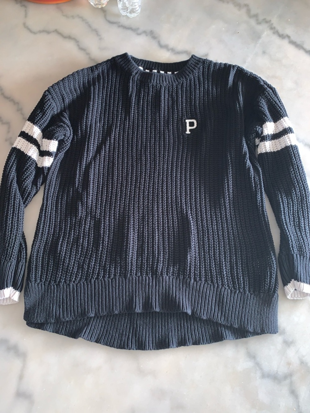 PINK Victoria's Secret Navy Blue Knit Sweater with White Stripes